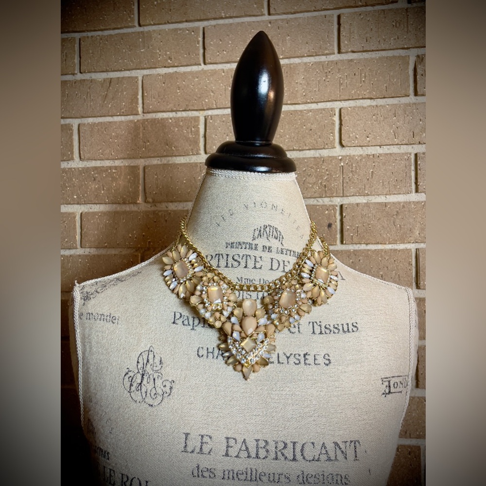 Statement Necklace with Lovely Tan and Opaque White Beads and Rhinestones